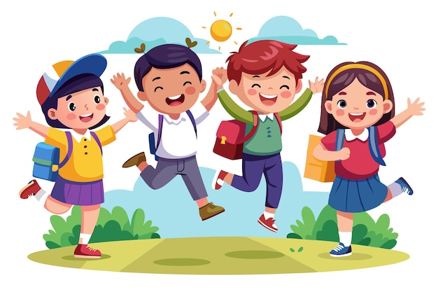 Four happy children jumping in the air with backpacks on a sunny day