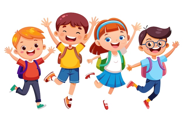 Four happy kids with backpacks jumping and smiling