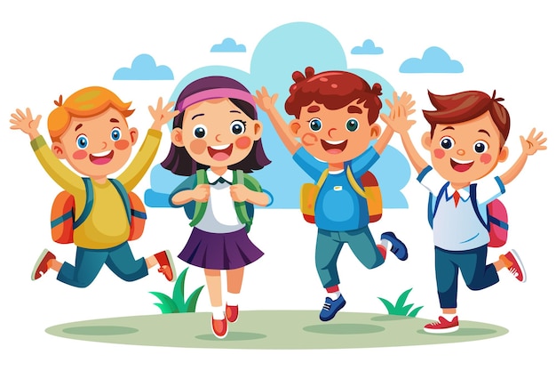 Free Vector four happy school kids jumping with backpacks against a blue sky