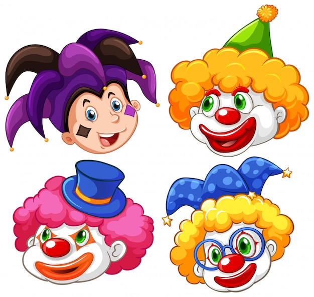 Four heads of funny clown on white background