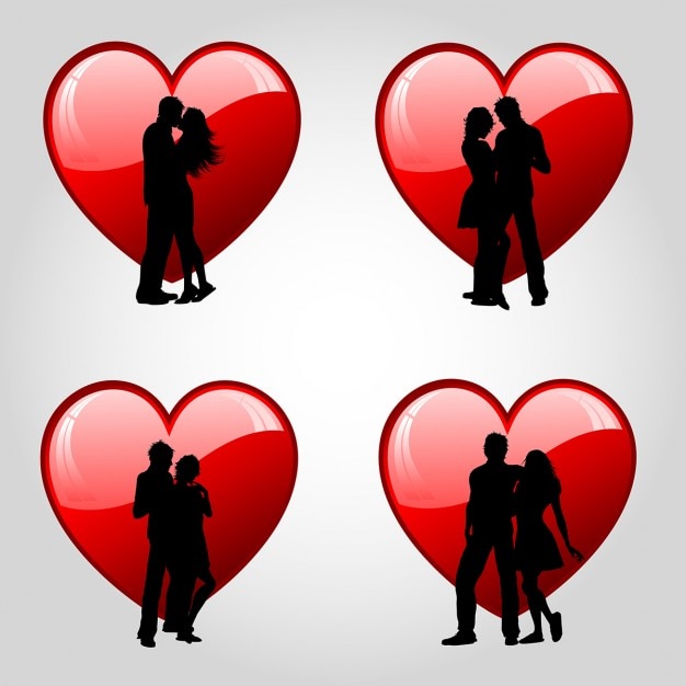 Free Vector four hearts with silhouettes for valentine