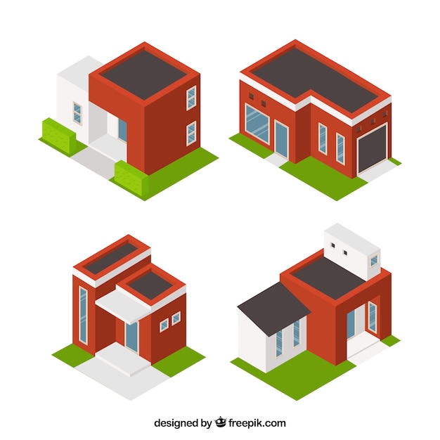 Free Vector four houses of red color in isometric design 