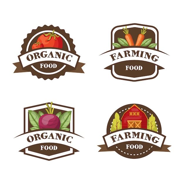 Free Vector four isolated colorful label set with carrot tomato beetroot and warehouse symbols and editable captions