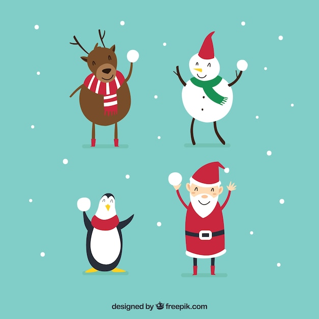 Free Vector four nice characters with snowball