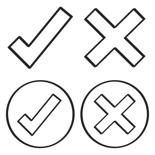 Four Outlined Hand Drawn Check Marks And Crosses