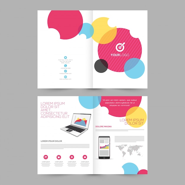  Four pages Brochure, Template design with illustration of laptop and smartphone for Business concept. 