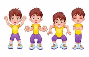 Free vector four poses of the same child in different expressions vector cartoon isolated characters