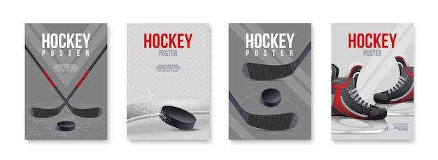 Free Vector four realistic vertical hockey posters set with sticks pucks and skates isolated vector illustration