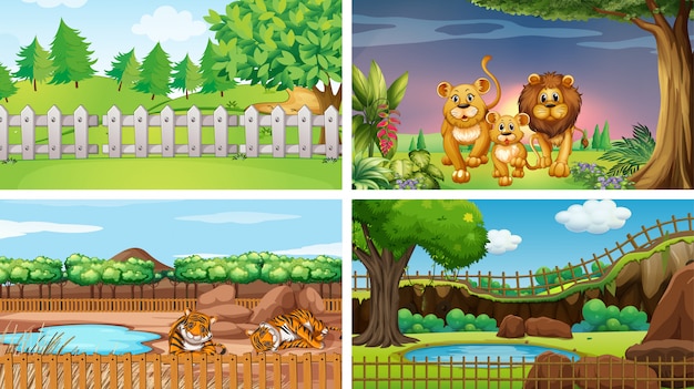 Four scenes of parks with animals