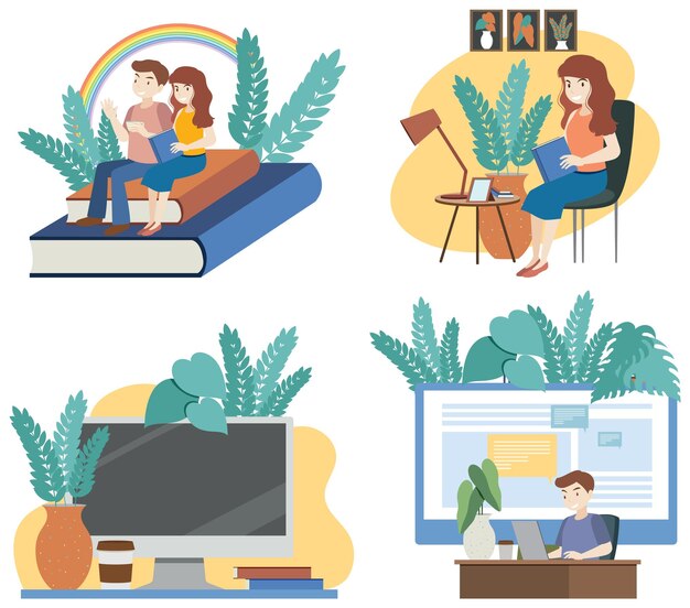 Four scenes of people working at home