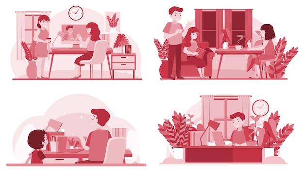 Four scenes of people working at home