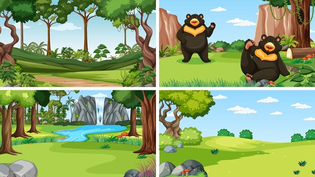 Four scenes with animals in forest