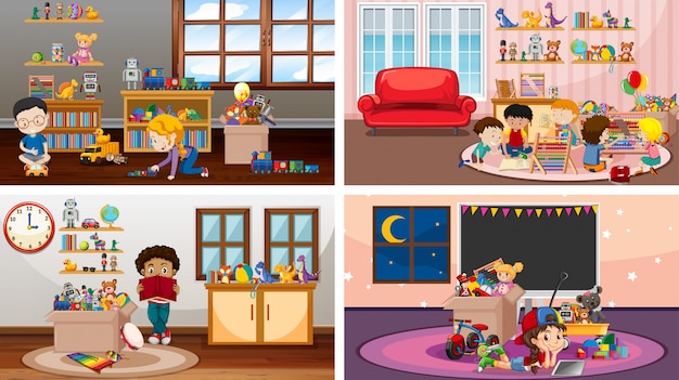 Free Vector four scenes with children playing in different rooms