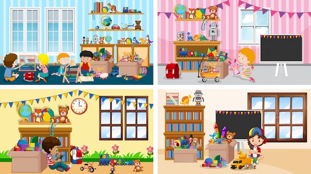 Four scenes with children playing in different rooms