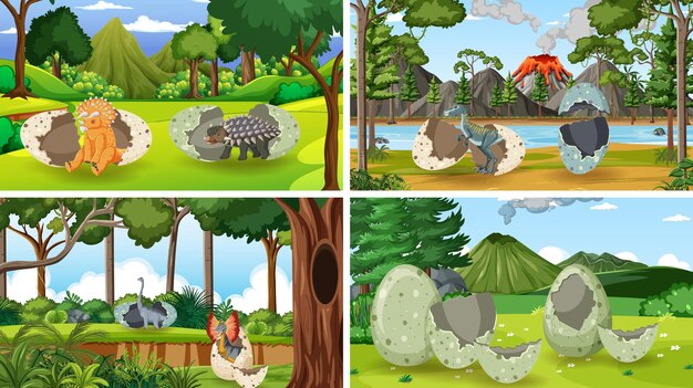 Four scenes with dinosaurs in forest