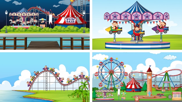 Four scenes with happy monkeys in the circus park