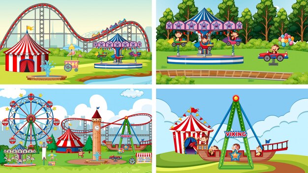 Four scenes with happy monkeys riding rides in the fair