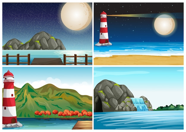 Free Vector four scenes with lighthouse and ocean illustration