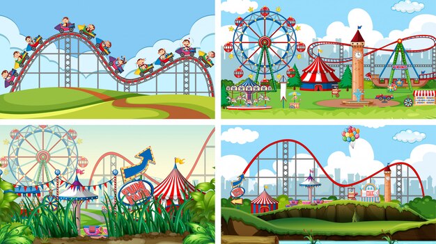 Four scenes with many rides in the fun fair