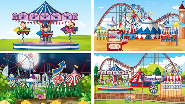 Free Vector four scenes with many rides in the fun fair