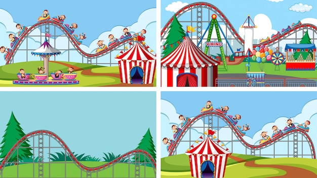 Free Vector four scenes with many rides in the fun fair