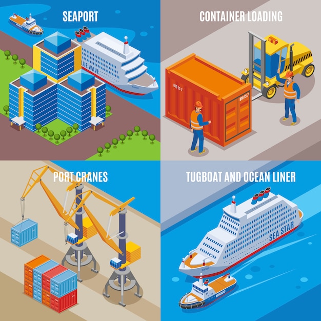 Free vector four seaport isometric icon set with container loading port cranes tugboat and ocean liner descriptions  illustration