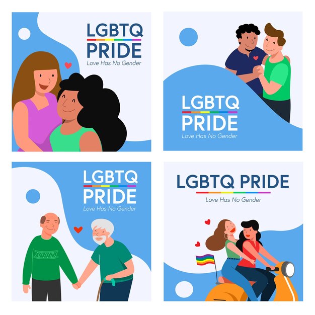 Four sets of LGBT gay couple and lesbian couple riding on a scooter and more.