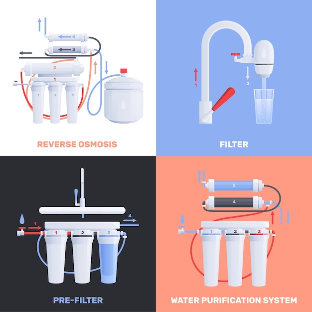 Free Vector four square water filter flat set