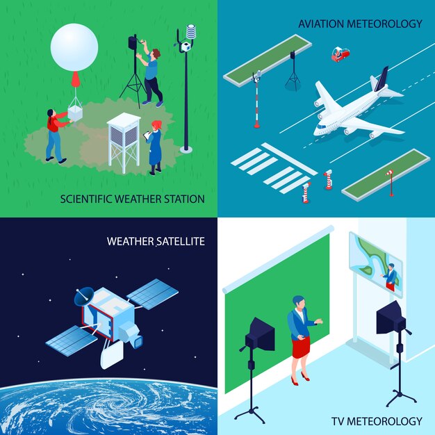 Four squares isometric meteorological weather center concept with scientific weather station tv and aviation meteorology