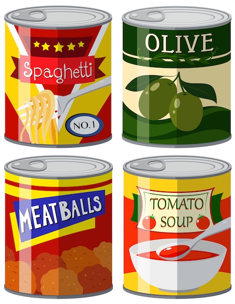 Free Vector four types of canned food in set illustration