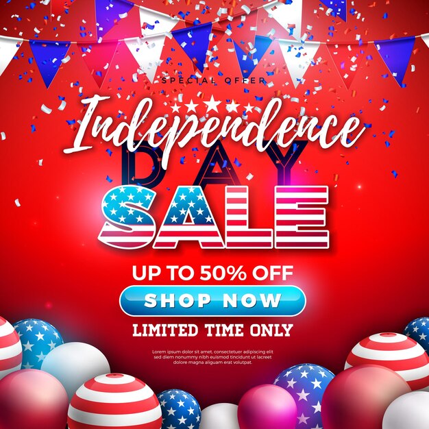 Fourth of July Independence Day Sale Banner Design with American Flag Pattern Party Balloon