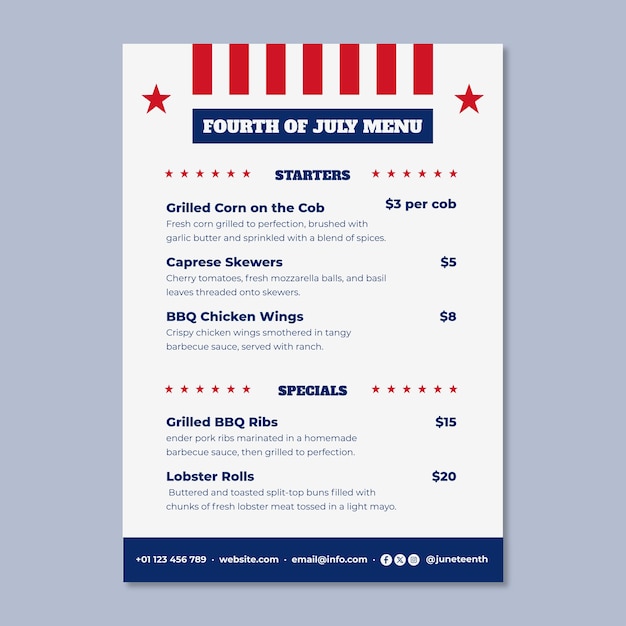 Fourth of july menu template design