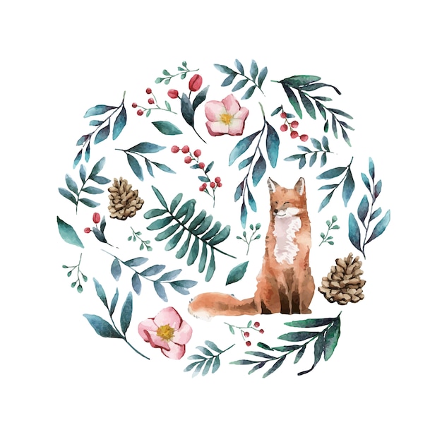 Free vector fox in nature painted by watercolor