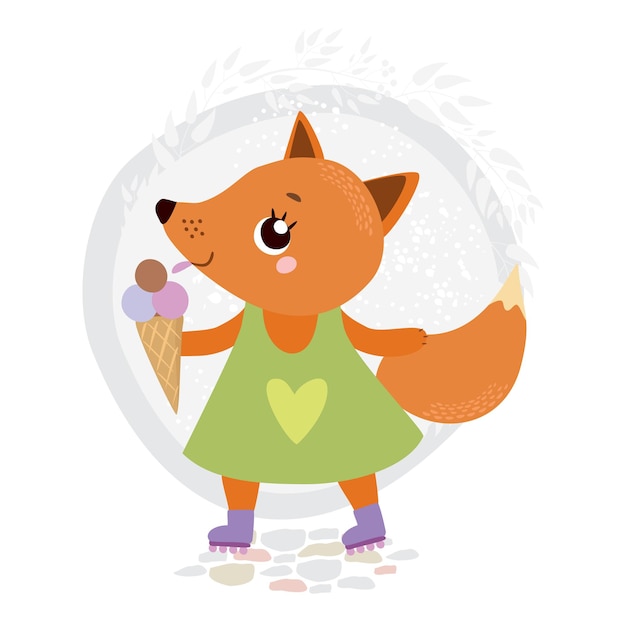 Free Vector fox on roller skates with ice cream