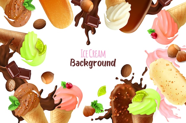 Free Vector frame background with different varieties and shapes of ice cream realistic