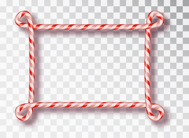 Frame made of candy canes. Blank Christmas border with red and white striped lollipop pattern isolated on transparent background. Holiday design.