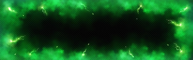 Free vector frame made of green smoke and lightning bolts with overlay effect realistic transparent vector border with fog and thunderstorm or energy charges bright glowing and luminous sparks in fume