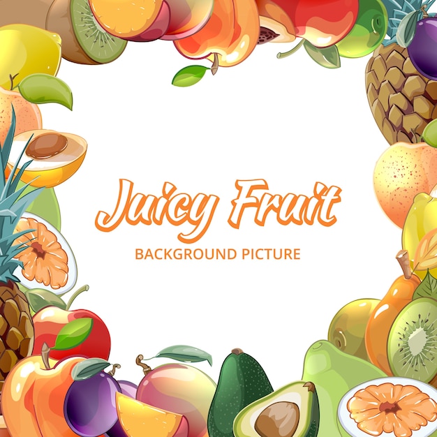 Free Vector frame tropical food, apricot and kiwi, pineapple and avocado, peach and apple illustration