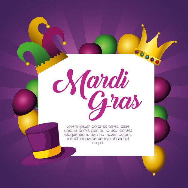 Frame with balloons and crown with card template for mardi gras