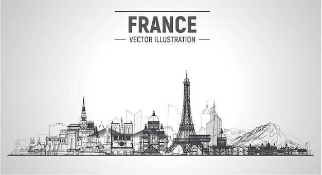 Free Vector france cities  paris mont blanc chambord mont saintmichel and other line skyline vector illustration at white background business travel and tourism concept with famous france landmarks