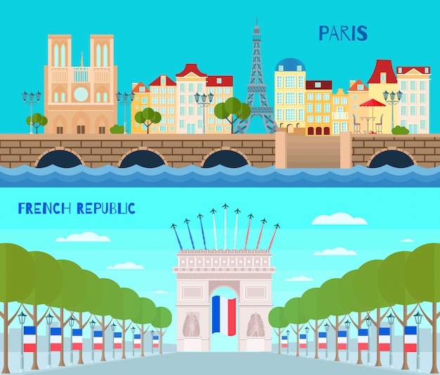 France horizontal banners set with French Republic symbols flat isolated vector illustration