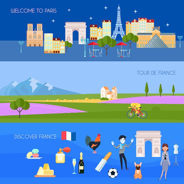 Free vector france horizontal banners set with paris symbols flat isolated vector illustration