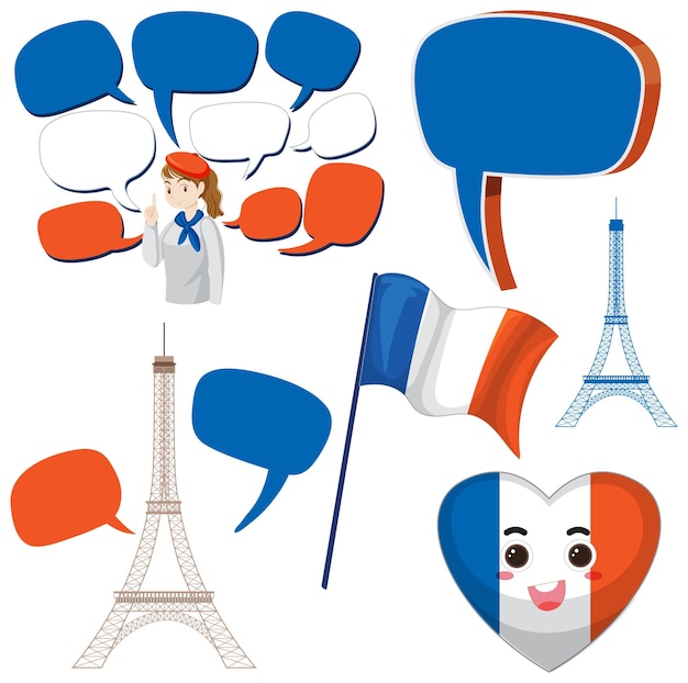 Free vector france icons set with speech bubbles