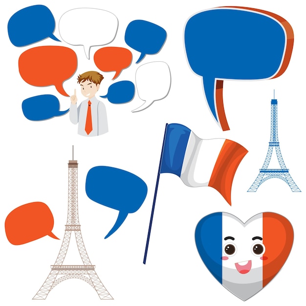 Free vector france icons set with speech bubbles