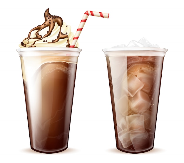 Frappe coffee, cola with ice cubes in plastic cups