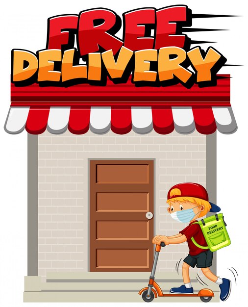 Free delivery logo with courier riding scooter