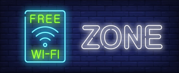 Free Vector free wi-fi zone neon sign. wireless wav symbol in blue frame on dark brick wall.