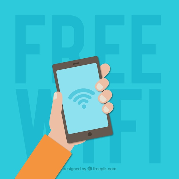 Free Vector free wifi background with hand holding a mobile phone