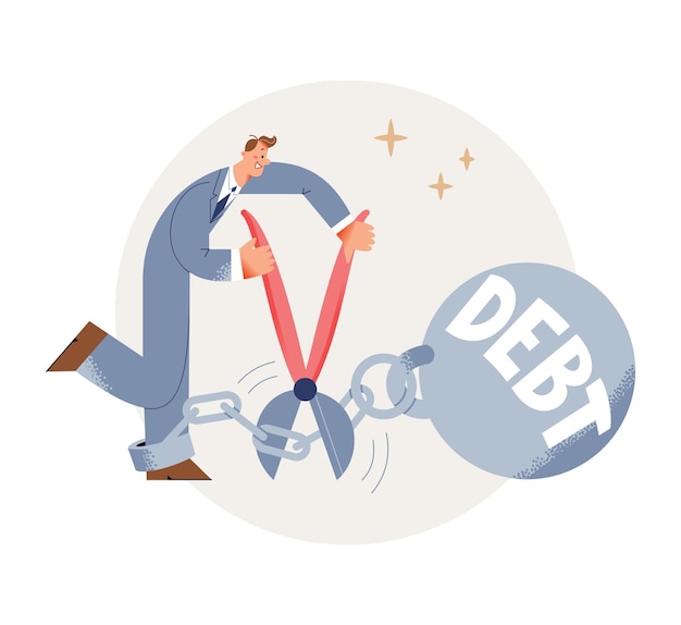 Freedom from debt ball of happy businessman illustration Man in suit cutting long chain with scissors financial free person breaking bank credit business loan and tax heavy burden