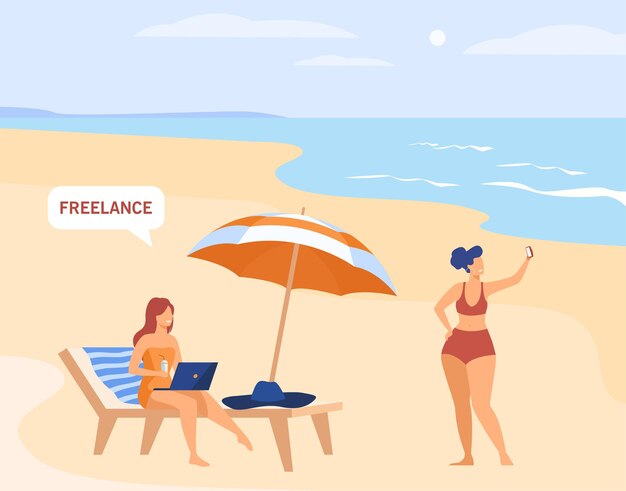 Freelance employee working on vacation. Freelancer using laptop on ocean or beach